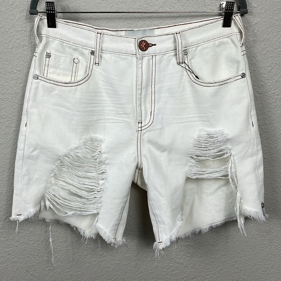 NWT One Teaspoon Stevies Mid Rise Bermuda Denim Shorts Destructed Rips Ivory 26 - Picture 3 of 16